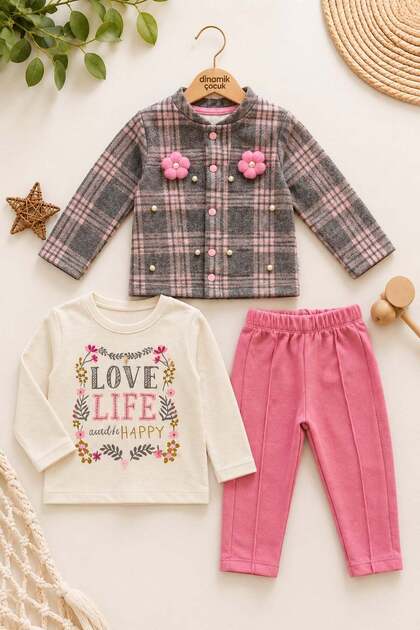Girl baby 3-piece set with pearl plaid flower detailed jacket bodysuit pants 6-24 months