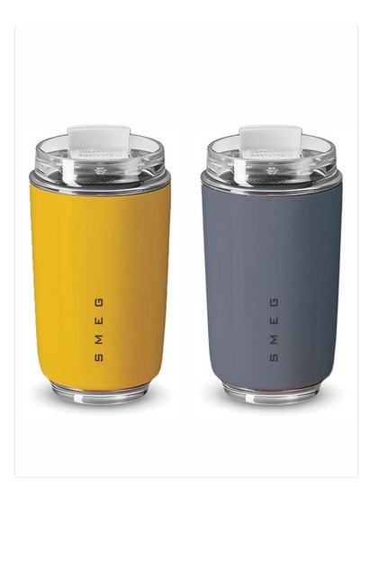 Smeg Travel Mug, Insulated Coffee Tumbler, Leak Proof Stainless Steel Thermal Reusable Coffee Cup, Lightweight And Portable Drink Container For Office Traveling, (Pack Of 2pcs, 350ML, Yellow And Grey