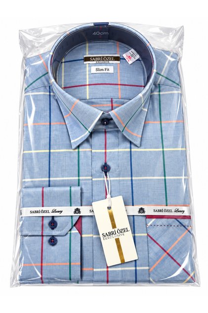 Erkek Slim Fit Ekose Desenli Uzun Kollu Gömlek – Açık Mavi
