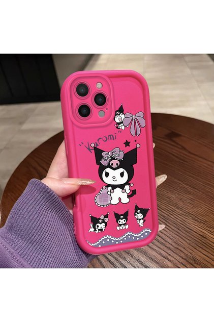 iPhone 16 Pro Max Compatible Pink Red Silicone Case Shockproof Camera Protection Kuromi Bow Pattern