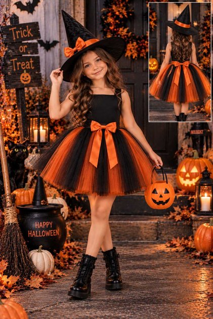 Halloween Bow Detailed Two-Color Layered Fluffy Girls Tutu Skirt
