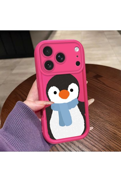 Pink Red Silicone Case Compatible with iPhone 17 Pro/18 Pro Shockproof Camera Protection Penguin Pattern
