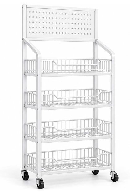 4 Tier Wire Basket Retail Display Rack with Pegboard,