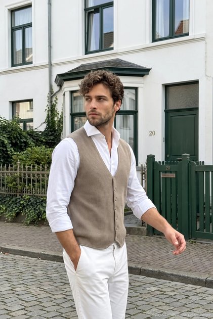 Men's Buttoned Mink Vest Cotton Knitwear Without Pockets Rice Pattern Steel Knit Classic Pattern - 5410Ls