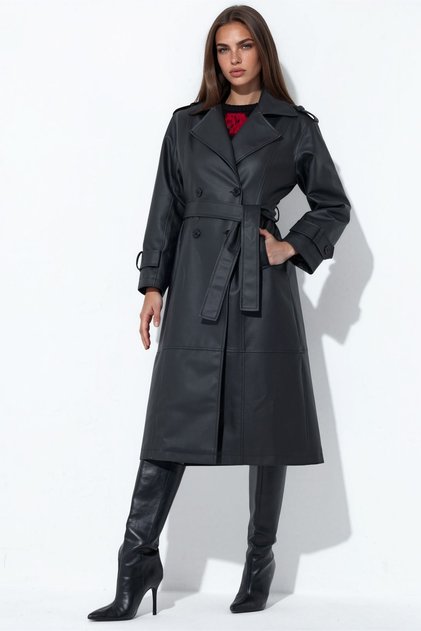 Faux Leather Belted Long Trench Coat
