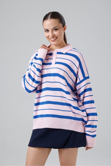 Polo Collar Striped Knit Sweater