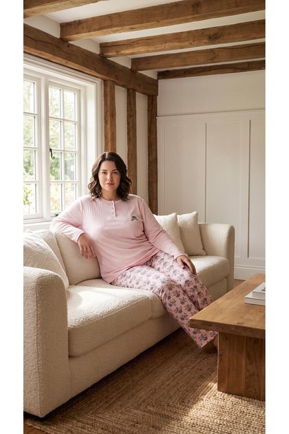 Women's Winter Plus Size Curve Embroidered Patterned Collar Buttoned Long Sleeve Pajama Set