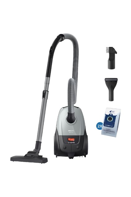 Aspirator cu sac XD2142/12, 800W, sistem filtrare HEPA, cablu 9m, 2x sac de 3l, accesoriu pentru mobila si par de animale, Duza pentru mobila 110m, Perie SuperTurbo, culoare: gri-negru