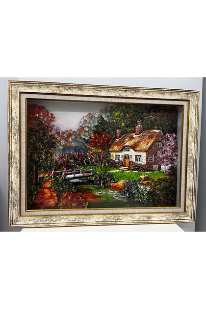 El Yapımı 3D Rölyef Sonbahar Köy Manzarası Tablosu - Ahşap Detaylı ve Ördekli Dere