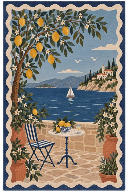 Eta Mediterranean Lemon Garden Pattern Woven Base Decorative Carpet Eta4270