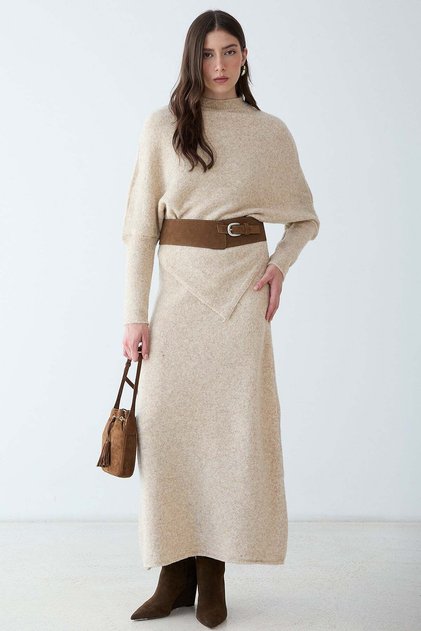Asymmetrical Cut Casual Sweater Knitwear Two-Piece Set Beige 9489-Tk