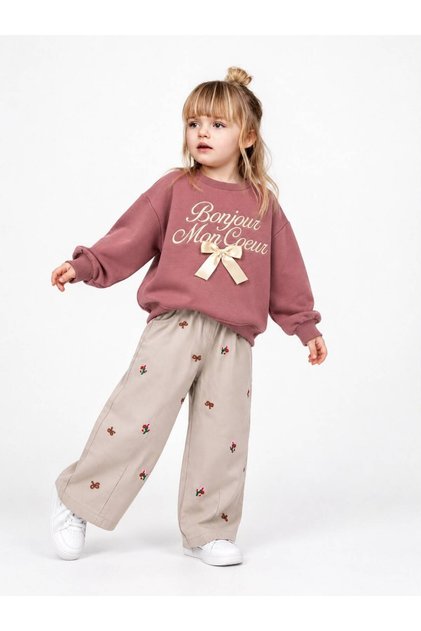 Girl's Bowknot Printed Sweatshirt and Embroidered Detailed Trousers 2-Piece Set