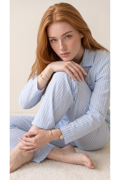 Blue Striped Patterned Woven Long Sleeve Front Buttoned Women's Pajama Set