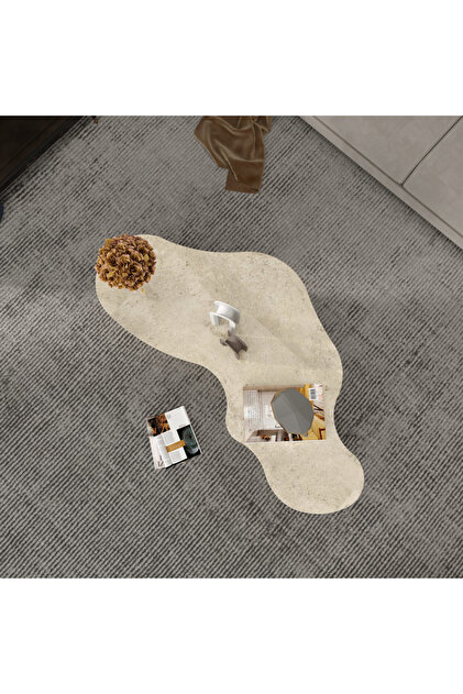 Klube Concept LUNARO Organik Form Orta Sehpa – Modern Dekoratif Salon Sehpası %100 MDF Mermer Desen Travertan