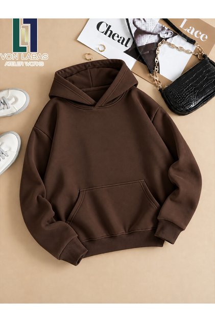 Kahverengi Basic 3 İplik Kapüşonlu Sweatshirt Oversize Kışlık %100 Pamuk