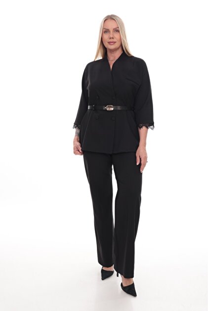 Plus Size Gold Buckle Belted Lace Detailed Long-Sleeved Thick Fabric Double Set