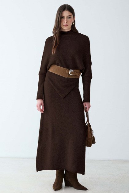 Asymmetrical Cut Casual Sweater Knitwear Double Set Brown 9489-Tk