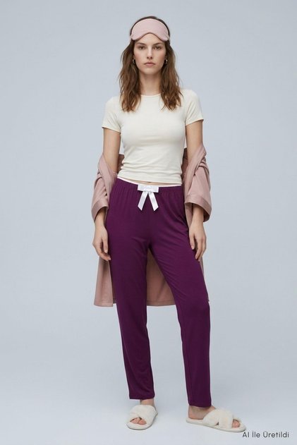 Elastic Waist Plain Pajamas 4559 Plum