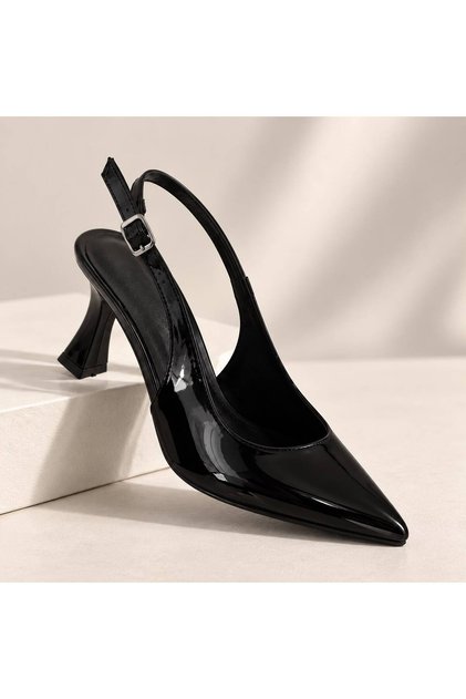 Women's Patent Leather Pointed Heeled Classic Shoes Open Back