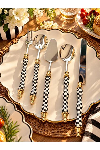 Salad Serving Set of 5 with Gold Checkerboard Detail