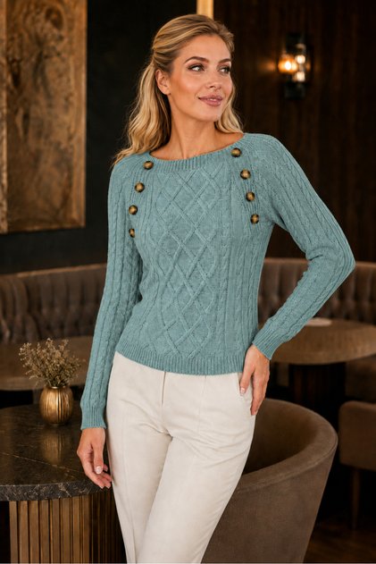 Women's Wide Collar Long Sleeve Hair Braid Patterned Decorative Button Detailed Stylish Soft Comfortable Daily Mint Knitwear Sweater