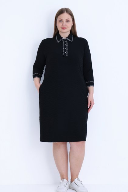 Kadın Büyük Beden Cepli Düğmeli Polo Yaka Likralı Jakarlı Truvakar Kollu Elbise