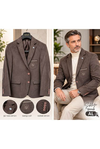 Erkek Kahverengi Süet Blazer Ceket – Slim Fit Kesim, Nakışlı Cep ve Dirsek Detaylı