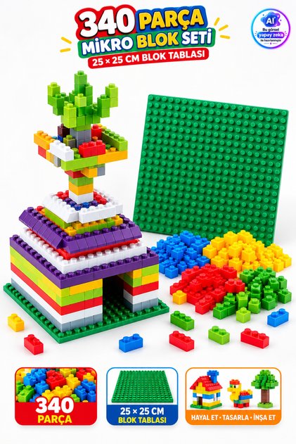 340 Parça Mikro Blok Yapı Seti – 25x25 cm Blok Tablalı 4 Renk Eğitici Yaratıcı İnşa Oyuncağı 3+ Yaş