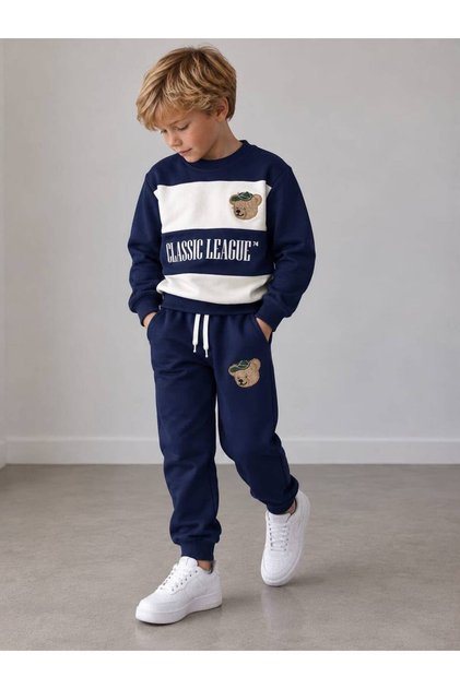 Erkek Çocuk Ayıcık Nakışlı Çizgili Sweatshirt Jogger Pantolon Alt Üst Takım