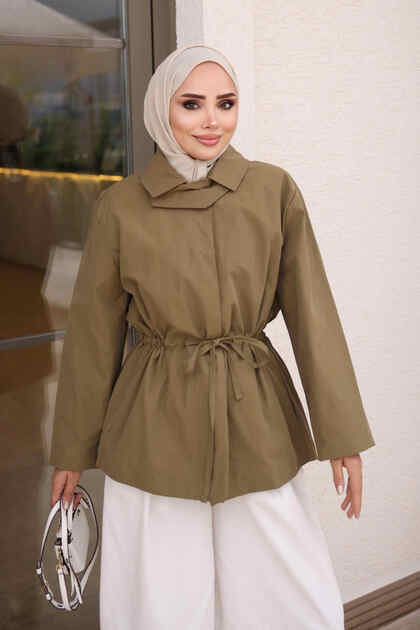 جاكيت كاكي كبير الحجم مع جيوب وحزام خصر