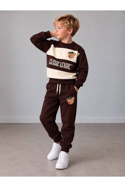 Erkek Çocuk Ayıcık Nakışlı Çizgili Sweatshirt Jogger Pantolon Alt Üst Takım