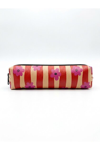 Red Striped Pink Floral Pattern Zippered Pen Holder - Single Compartment Pen Holder Pencil Case