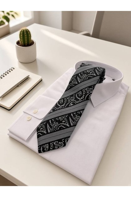 Microfiber 8 cm Shawl Pattern Black-Grey Tie