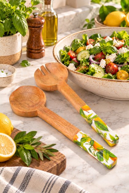 Doğal Mango Ağacı Salata Servis Seti 28 cm Limon Desenli – Masif Ahşap Salata Kaşığı ve Çatalı Emaye Saplı Sunum Kaşık Çatal Takımı