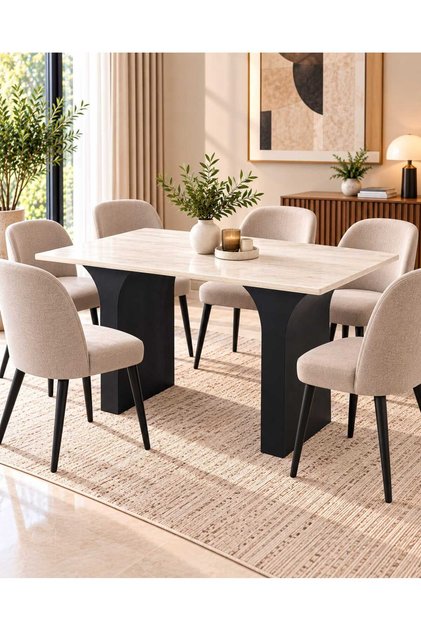 طاولة طعام بتصميم رخامي عصري 160×90×77 سم - طاولة طعام أنيقة بأرجل منحنية