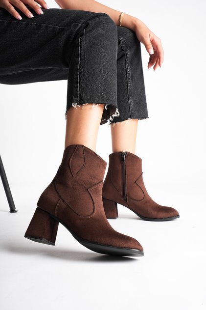 Women's Bitter Brown Suede Zippered 7 cm Thick Heeled Western Detailed Winter Boots