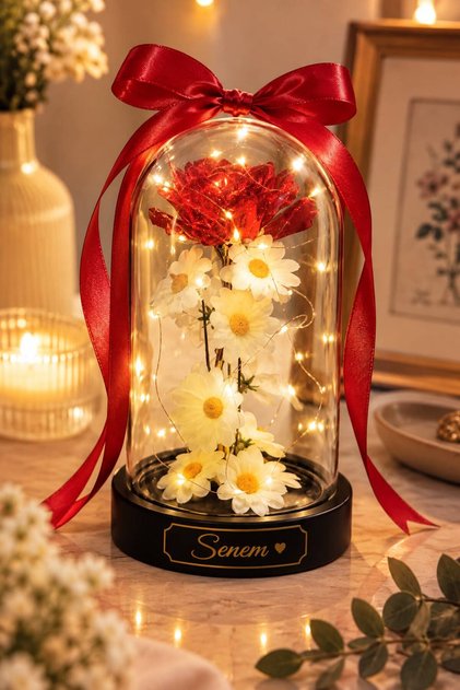 Dekoratif Led Işıklı Kırmızı Sonsuzluk Gülü Fanus – Papatyalı Fanus Sevgiliye Özel Dekoratif Gece Lambası