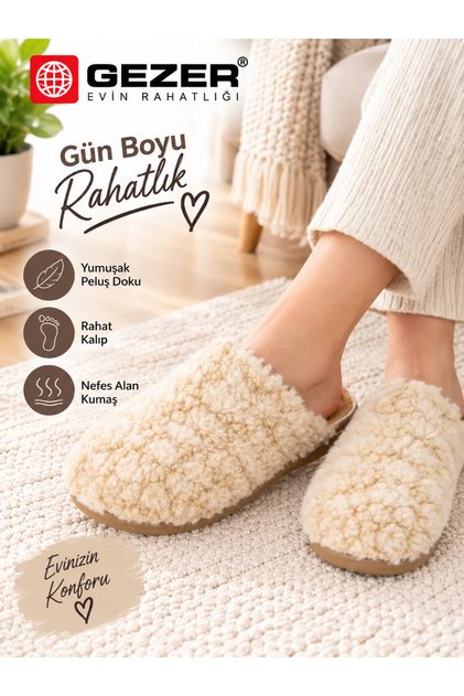 Women's Winter House Slippers Cream Beige Plush Textured Soft Comfortable Sole Closed Toe Slippers