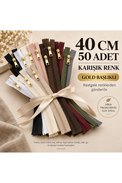 40 Cm Gold Başlıklı Fermuar 50 Adet – Çanta ve Hobi İçin Hazır Fermuar