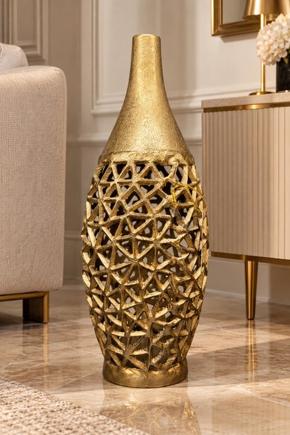 Gold Alüminyum File Desen Dekoratif Yer Vazosu – 13x25x56 cm