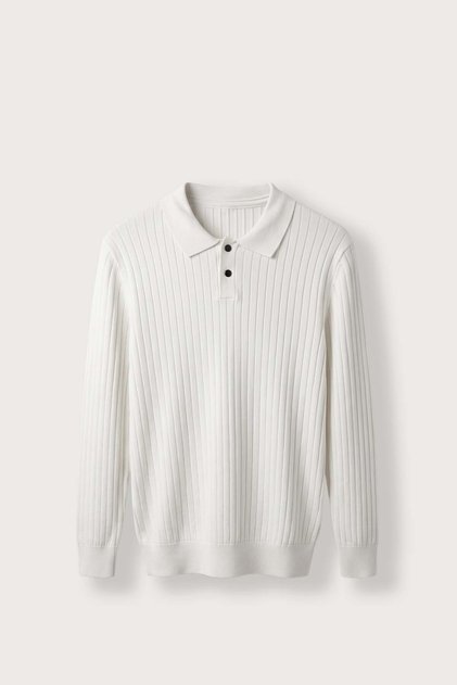 Men's Slim Fit Ribbed Buttoned Polo Collar Knit Sweater Ecru
