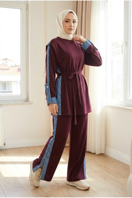 Women's Sequin Stripe Detailed Belted Tunic Trousers Double Set