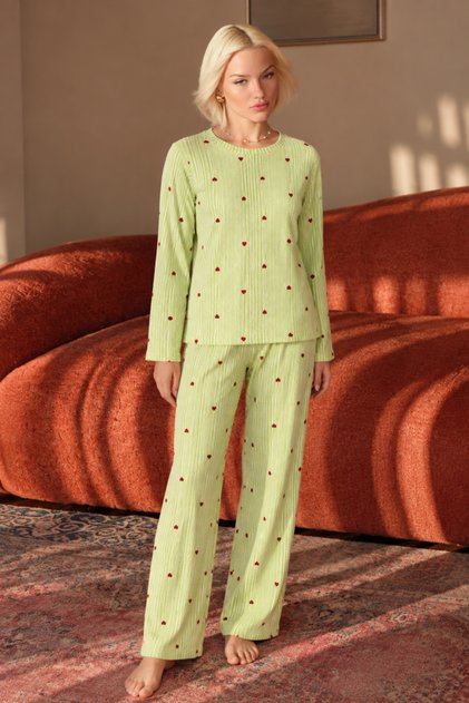 Women's Patterned Top and Bottom Home Style Green Pajama Set
