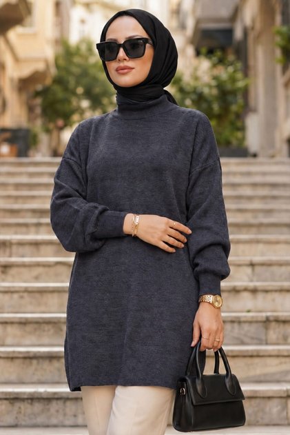 High-Neck Anthracite Hijab Knitwear Sweater 10381Ant