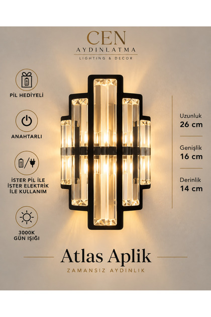 CEN Aydınlatma Atlas Pilli Duvar Apliği 26 cm – Elektrikli Kullanıma Uygun Anahtarlı 3000K LED Aplik
