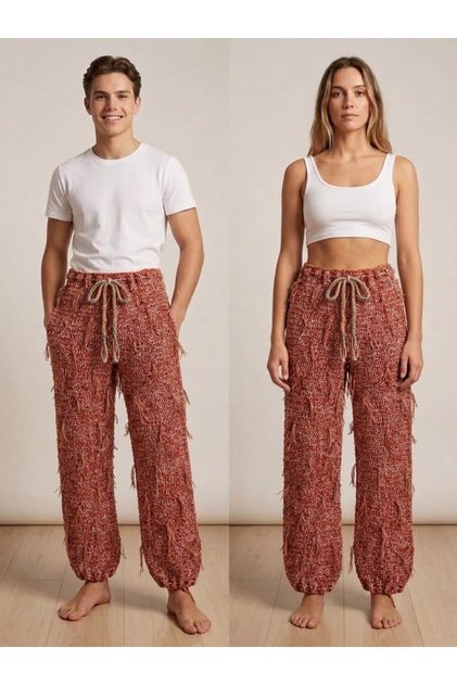 Vintage Retro Tasarım Kiremit Rengi El Örgüsü Püsküllü Bağcıklı Unisex Pantolon – S/M