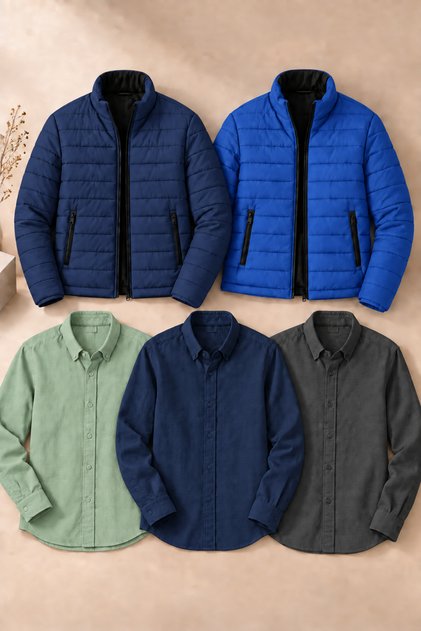 5-Piece Men's Casual Combination Pack – 2 Quilted Jackets + 3 Sofia Shirts