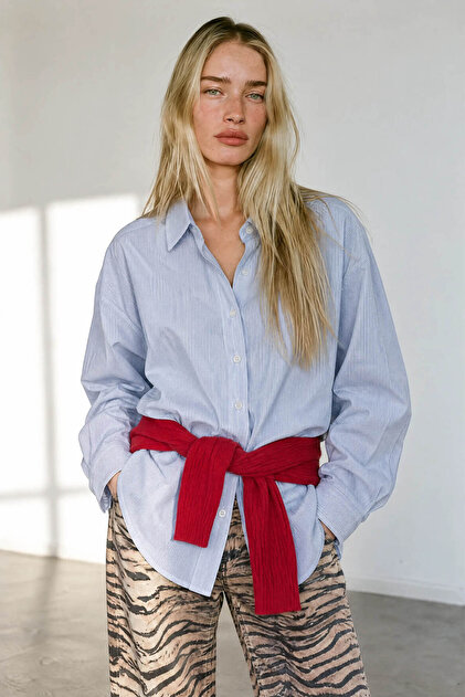 Blue and White Striped Oversize Cotton Shirt