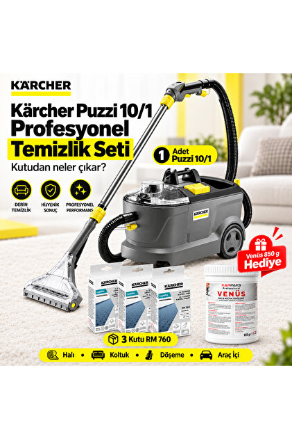 Kärcher Puzzi 10/1 Profesyonel Halı Koltuk Yıkama Makinesi – 3 Kutu 48 Adet RM 760 Tablet + KARPAKS Venüs 850 g Hediye