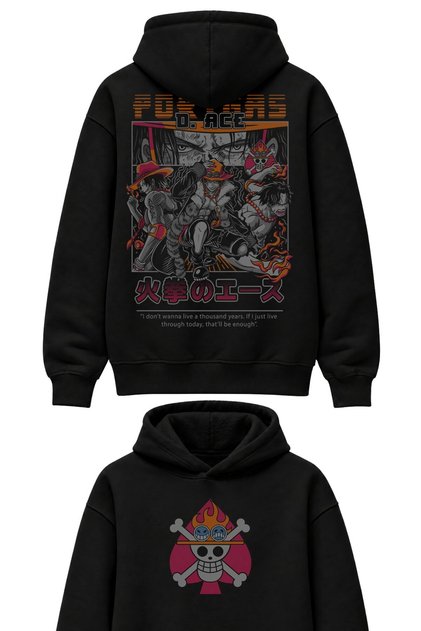 Oversize Portgas D Ace Back Printed Hooded Sweatshirt, Unisex One Piece Themed Anime Hoodie